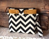 Crossbody Chevron Purse / Nautical look // Ebony/ Cream stripe & faux suede-- MADE TO ORDER --