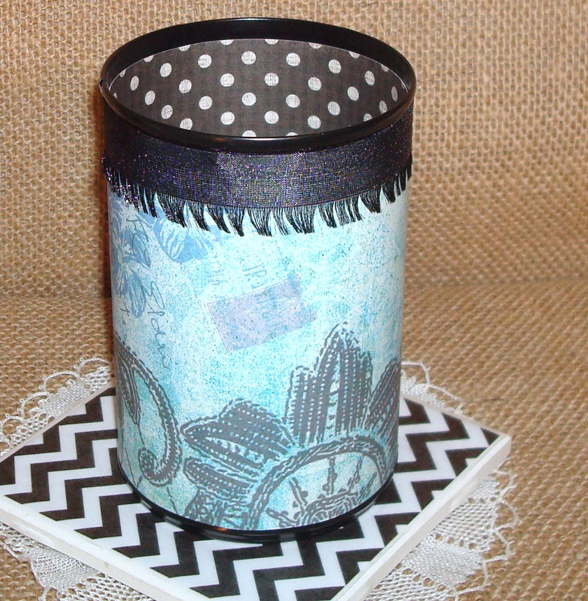 Pencil Cup in Turquoise and Charcoal Dots Decorative Can Pencil Holder No. 224