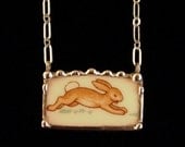 Bunnykins running bunny broken plate broken china jewelry rectangular necklace