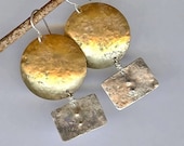 Modern Mixed Metal Earrings, Organic Textured Sterling Silver & Gold Brass, Minimalist Contemporary Metalwork Jewelry, Everyday Earrings