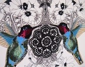 original illustration art print - hummingbird and flowers