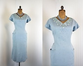 1950s Dress - Vintage 50s Dress - Blue Princess Bombshell Cocktail Party Sea Shells Rhinestones XL XXL - Catalina Island