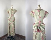 1930s Dress - Vintage 30s Dress - Sage Green Floral Cotton Bustle Garden Party Gown L - Feathers and Fronds