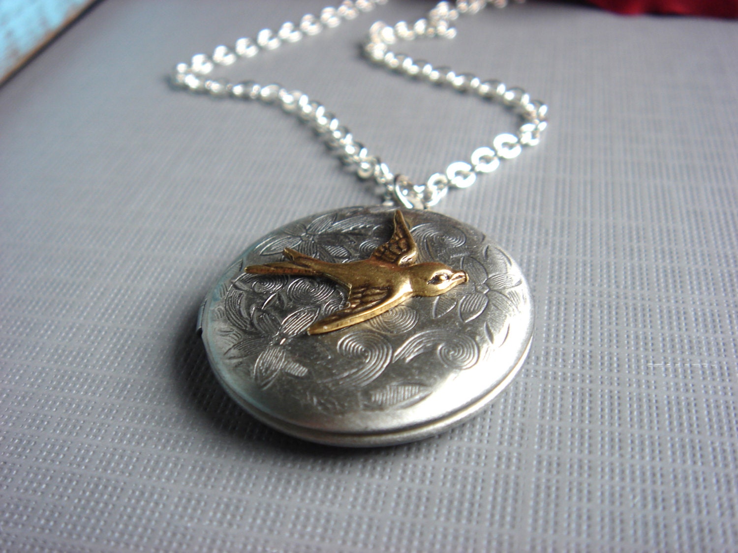 A Little Birdie Told Me - Necklace - Antiqued Silver Floral Sparrow Locket - Two Tone Pendant - Keepsake Jewelry