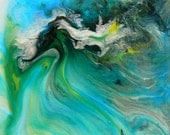 Abstract Mixed Media, "STREAMS", Ble, Green, Turquoise, Silver Metallic, Original Mixed Media, 6x6"