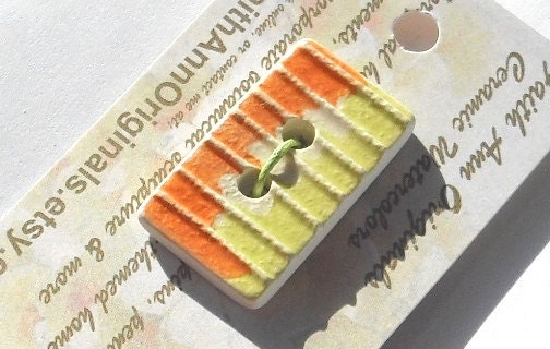 JUST for FUN BUTTON handmade ceramic 2 holed handcarved white clay rectangle cool chartreuse firey orange highly textured geometric lines