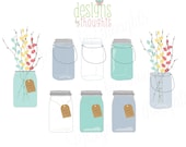 Mason Jars with Flowers - Digital Hand Drawing for Scrapbooking, Card Making, and all of your DIY ideas.  Instant Download by Etsy