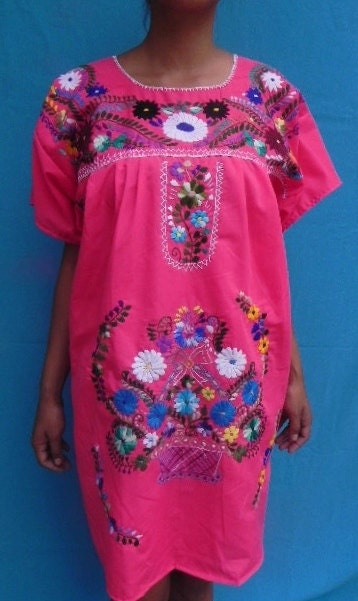 Mexican Long Pink Dress Unique Collection Blue Embroidered Handmade Spring / Summer Large