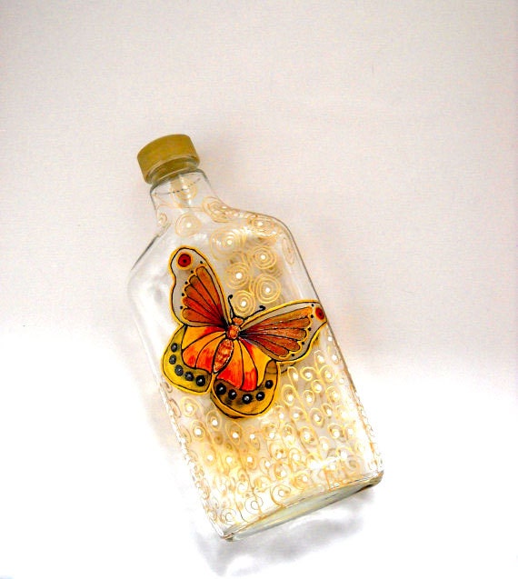 Bottle Art on Glass Hand Painted Yellow Orange Butterfly Gold