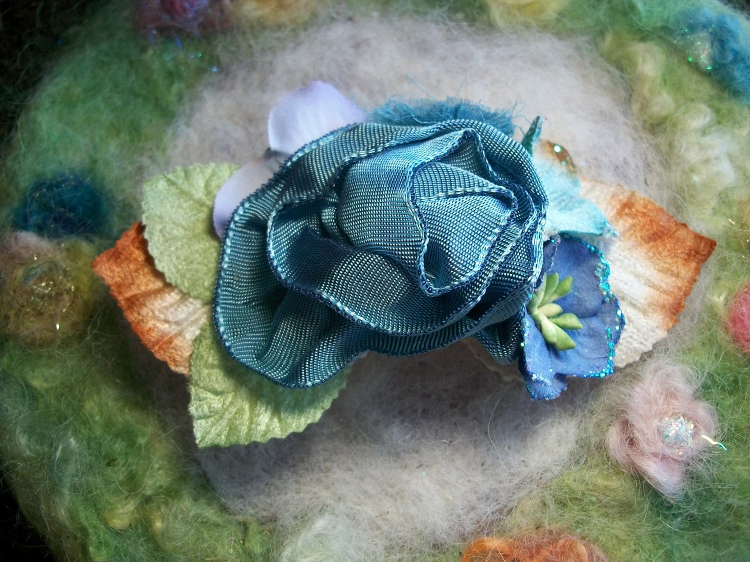 Hair Clip, Steel Blue Ribbon Rose