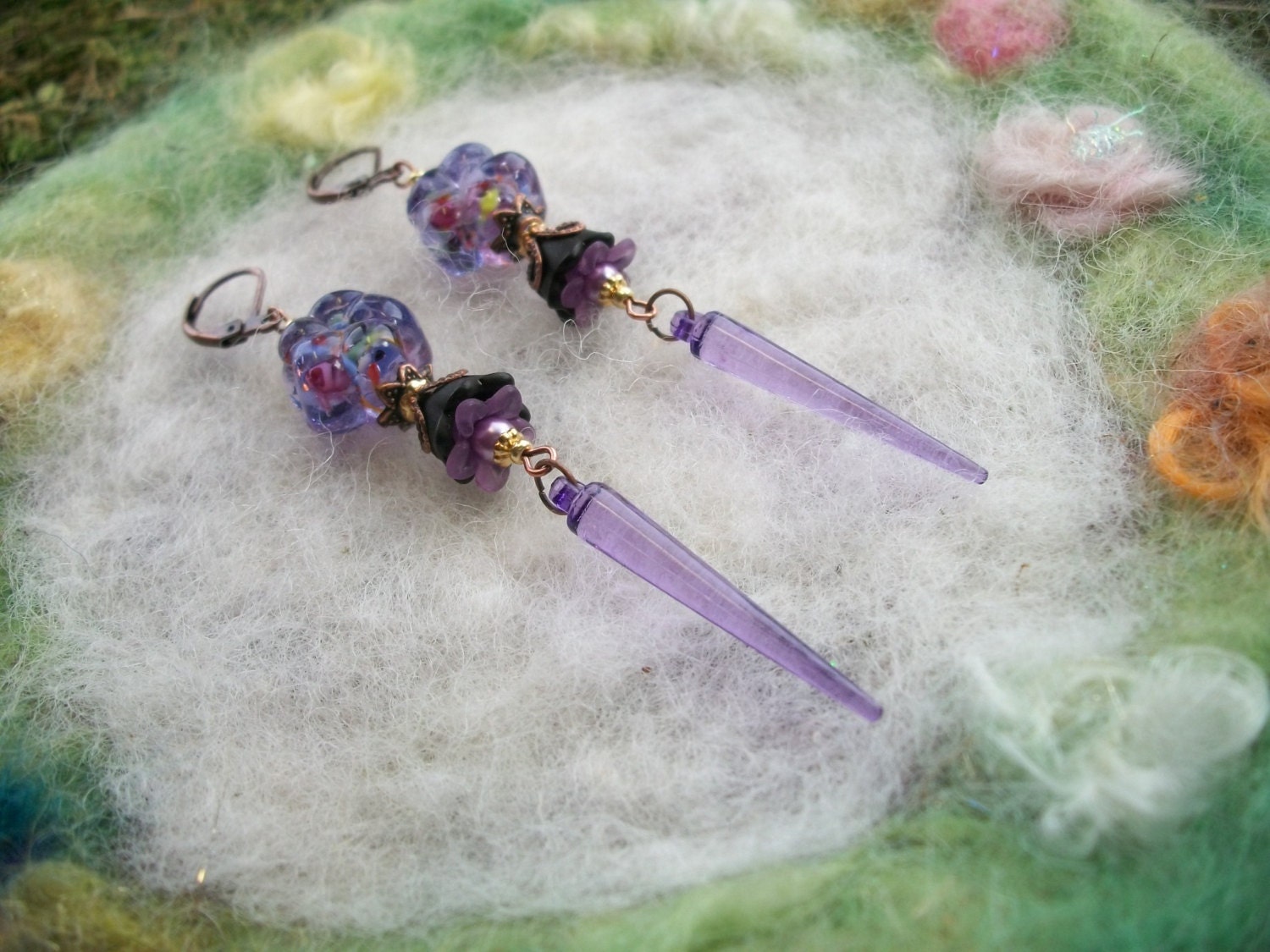 Purple Earrings, Lamp Work and Lucite