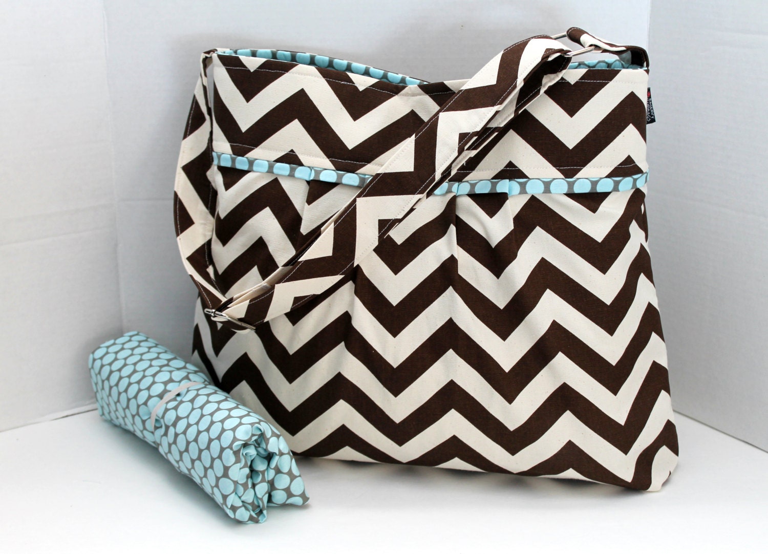 Monterey Chevron Diaper Bag Set - Large - Brown Chevron and Slate Blue Dot - Adjustable Strap and Elastic Pockets