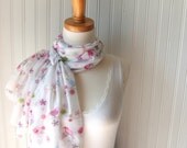 Birds and Blossoms Chiffon Scarf - White, Lavender, Lilac Purple, Spring Green Sheer Scarf - Spring and Summer Fashion