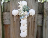 Beach Decor Heirloom White and Sea Green Shell Art Cross