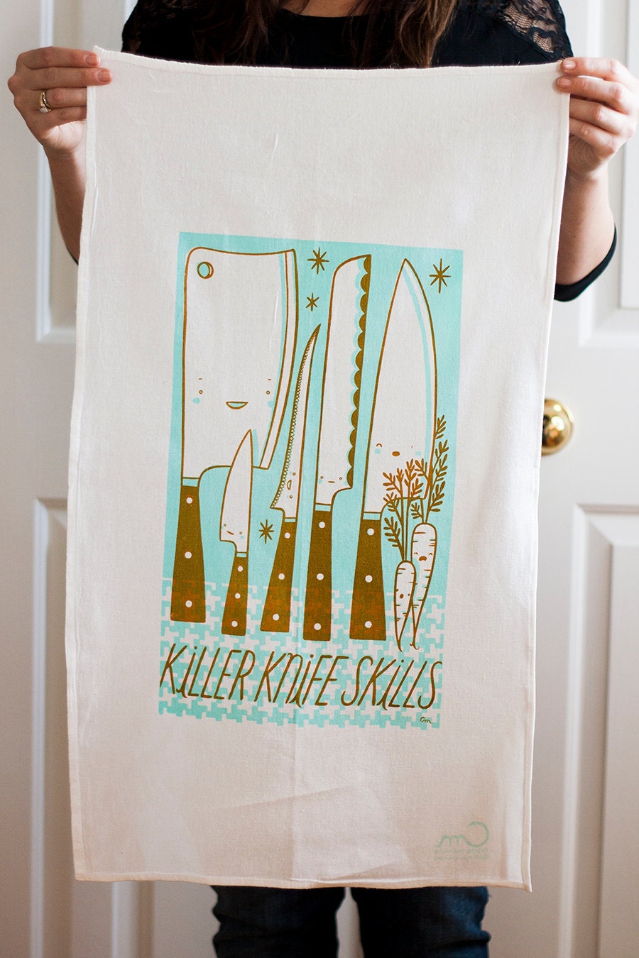 Killer knife skills in aqua screen printed flour sack tea towel