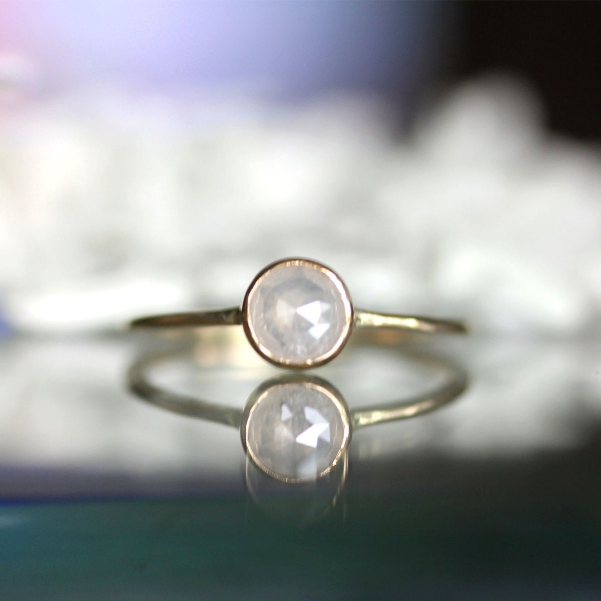 Rose Cut Opalescent White Diamond In 14K Yellow Gold Engagement Ring - Ready To Ship