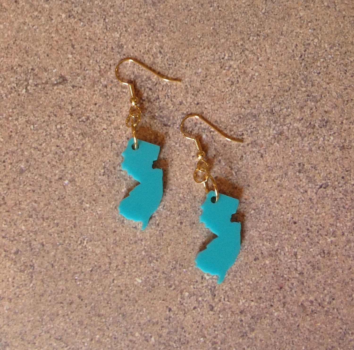 State Jewelry - New Jersey Earrings - Turquoise Blue Perspex Acrylic on Gold Plated Hooks