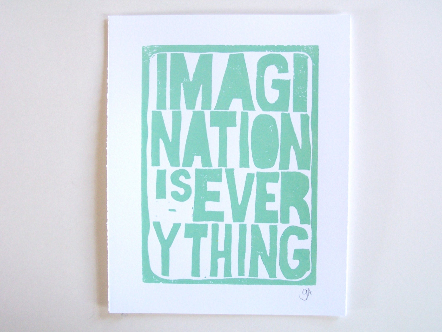 LINOCUT PRINT - Imagination LETTERPRESS sea foam green typography poster 8x10