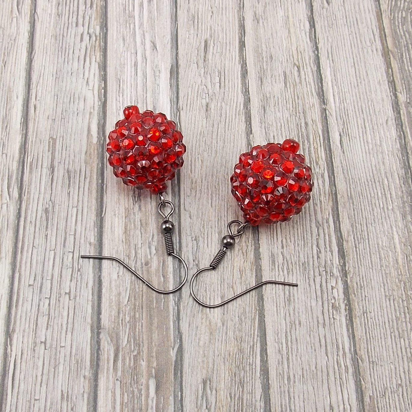 Sparkly Beaded Earrings - Red with Gunmetal - Disco Ball - Bling - Pave