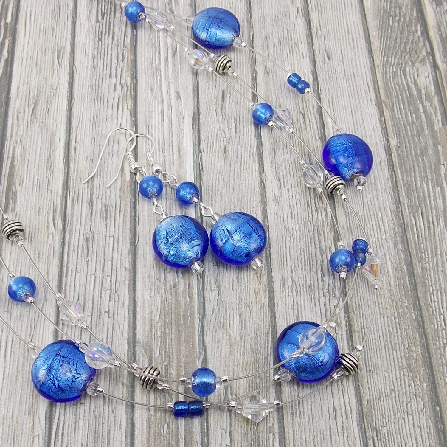 Necklace & Earring Set - Silver Lined Royal Blue 3-Strand - Cobalt