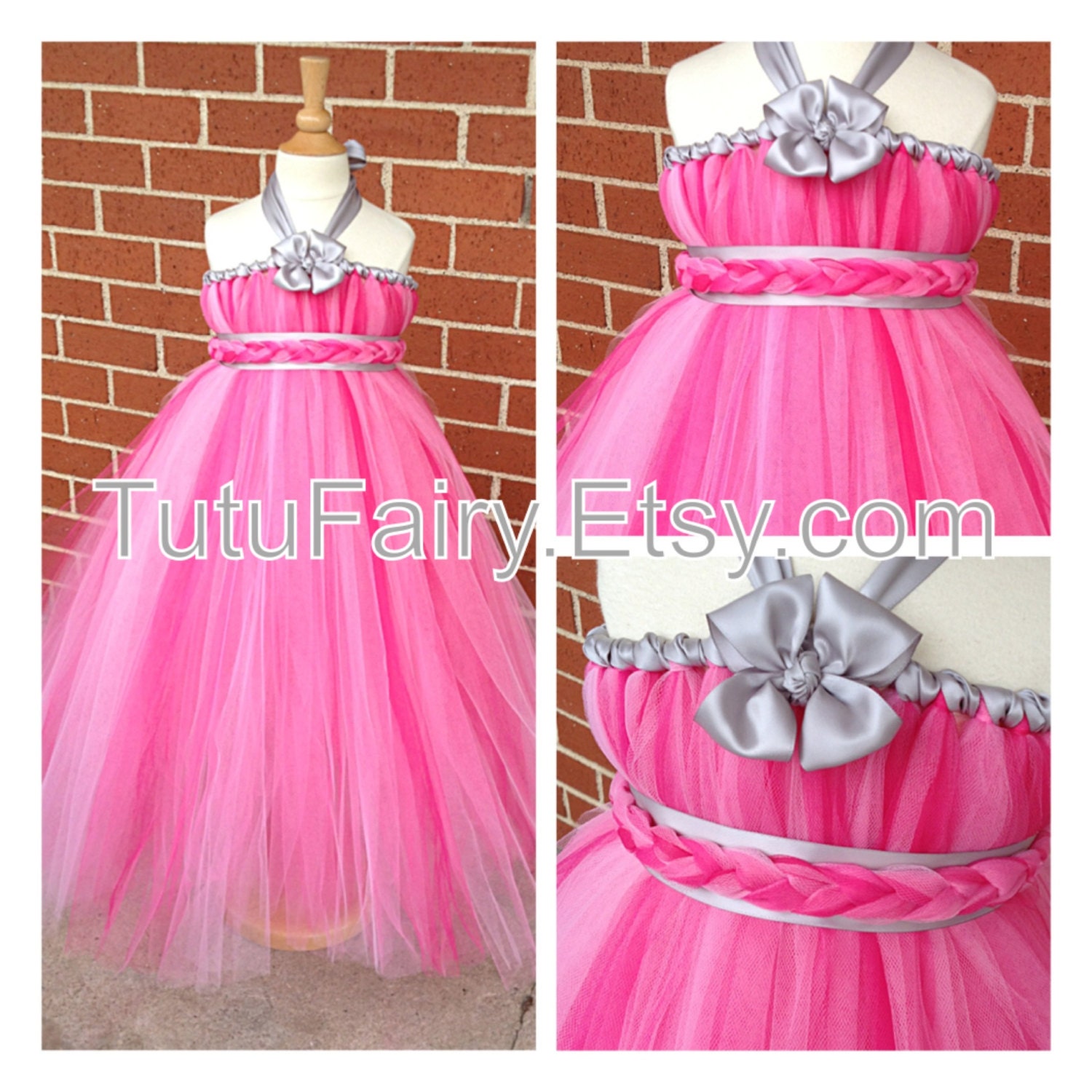 Pretty In Pink Tutu Dress with Grey Ribbon. Matching bow. Newborn-5t