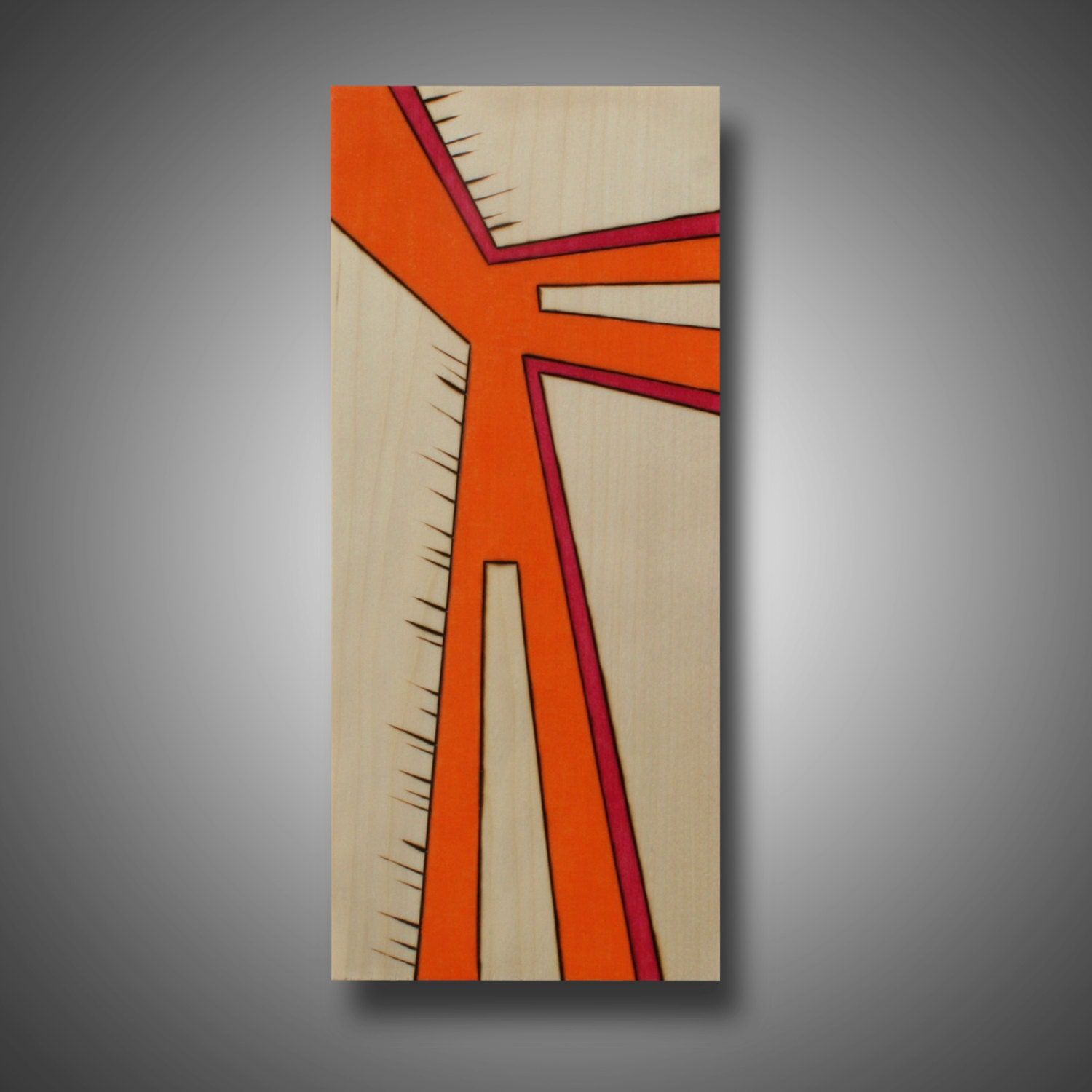 Abstract Modern Art, Original Design Woodburned onto Aspen Wood and Colored with Prismacolor Pencil, "Baba" 5.5" x 12.5"