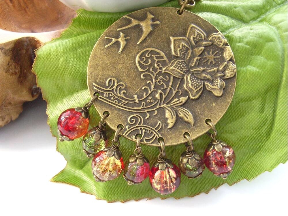 Bird flower and beads purse charm bag charm