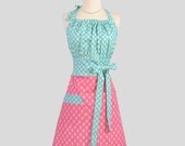 Cute Kitsch Retro Apron , Full Kitchen Womens Apron in Gypsy Girl by Moda Scarlet Red Blue and Ivory Gingham