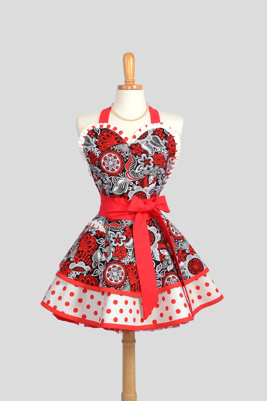 Sexy Retro Pinup Apron . Flirty and Cute Retro Womans Apron Red and Black Print on Red and White Polka Dots Sweetheart  Apron