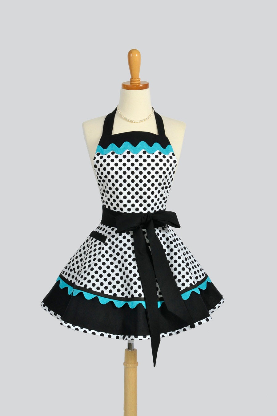 Ruffled Retro Apron / Handmade Flirty Full Womens Apron in White and Black Dots from Michael Miller Trimmed in Teal Blue Ric Rac