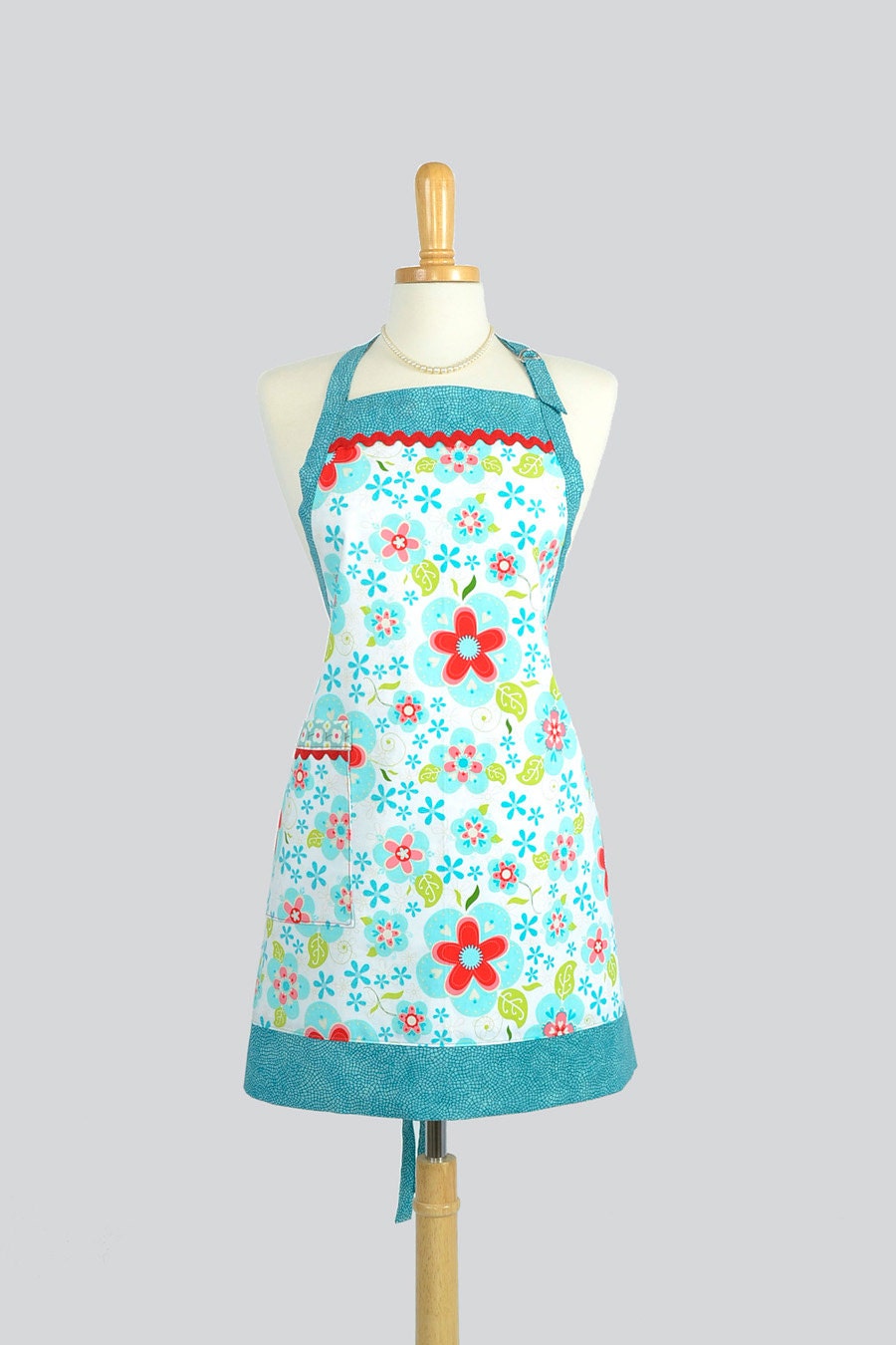 Reversible Chef Apron . Womens Kitchen Cooking Apron in Teal and Red Floral Adjustable Neck Towel Ring and Pockets - CreativeChics