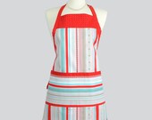 Reversible Chef Apron / Womens Kitchen Cooking Apron in Red and Teal In Flowers and Stripes Equals Cute Functional Apron