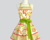 Ruffled Retro Apron .  Sexy Womens Apron in Modern Bouquet Design and Stripes Handmade Full Kitchen Apron