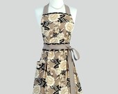 Womens Bib Full Apron - Handmade Retro Womens Apron in Black and Taupe Floral Full Kitchen Apron