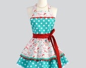 Ruffled Retro Apron / Cute Retro Modern Appeal in a Handmade Flirty Full Womens Apron Teal and White Dot Red Love Birds