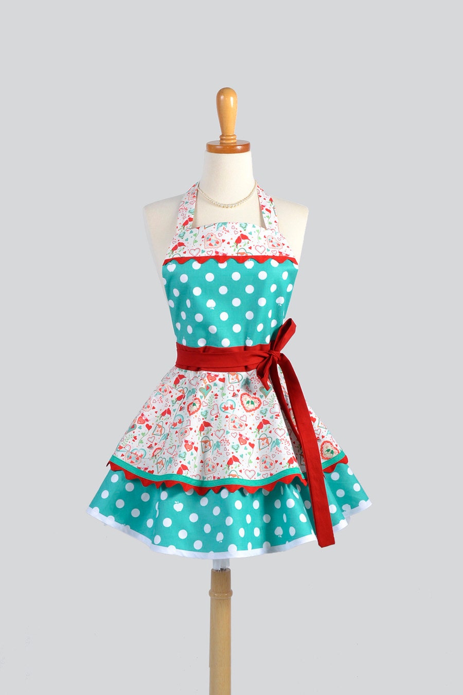 Ruffled Retro Apron / Cute Retro Modern Appeal in a Handmade Flirty Full Womens Apron Teal and White Dot Red Love Birds