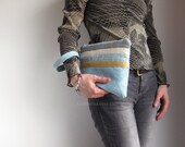 Large clutch wristlet in aqua blue corduroy with stripes