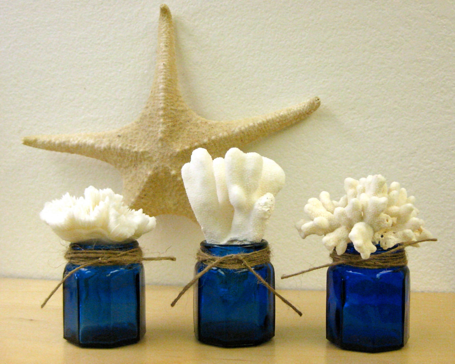 Beach Decor -  Vintage Blue Bottles with Natural Coral - Set of 3