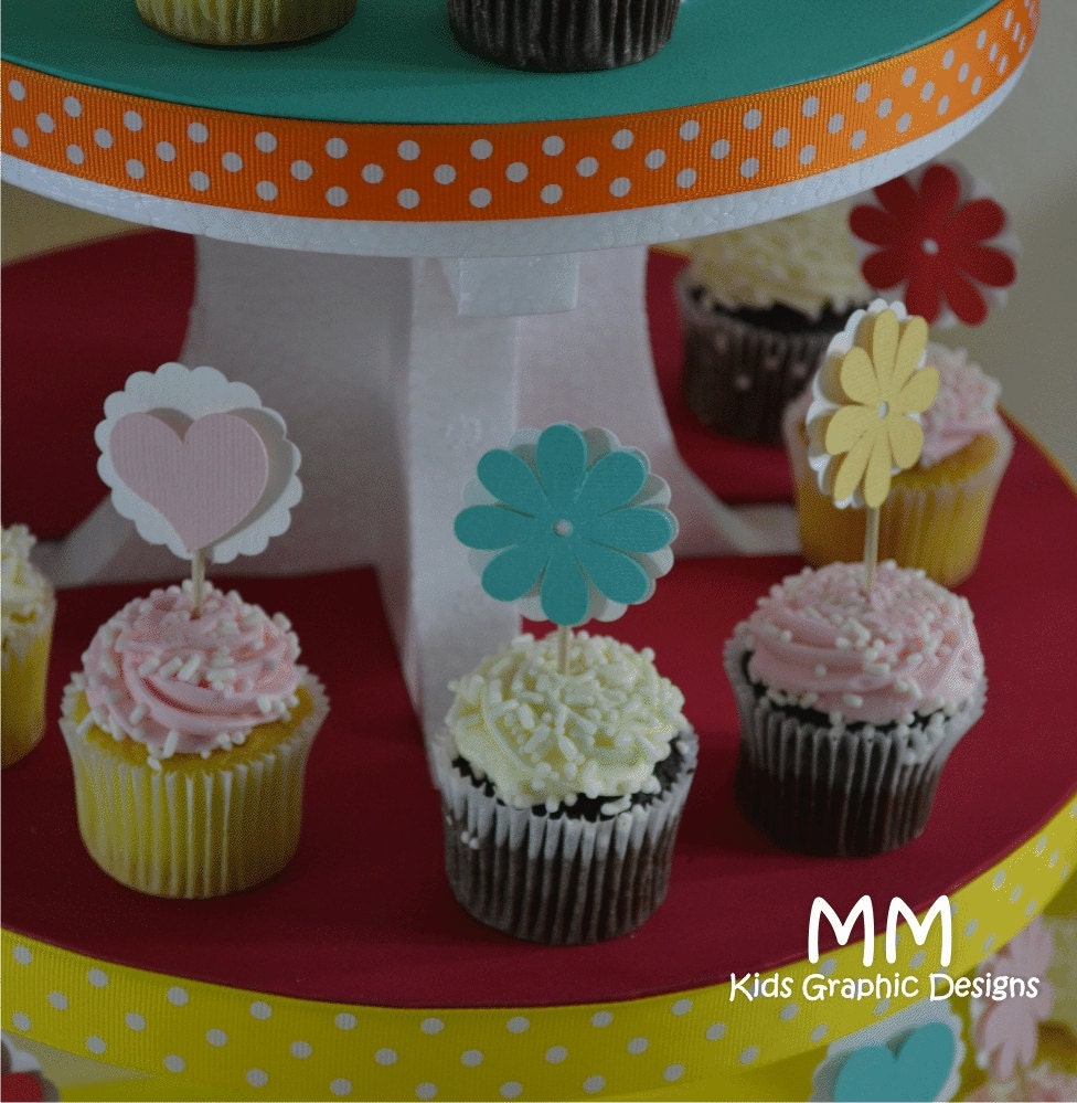 Flower Theme - 20 Cupcake Toppers - Personalized - Birthday - Baby Shower - Bat Mitzvah Il_170x135