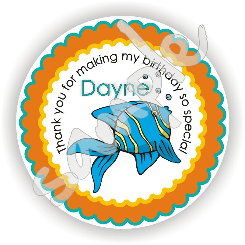 Fish Theme - 40 Thank You 2 inch circle Stickers - Birthday - Baby Shower - Envelope Seal - Address Label - Personalized
