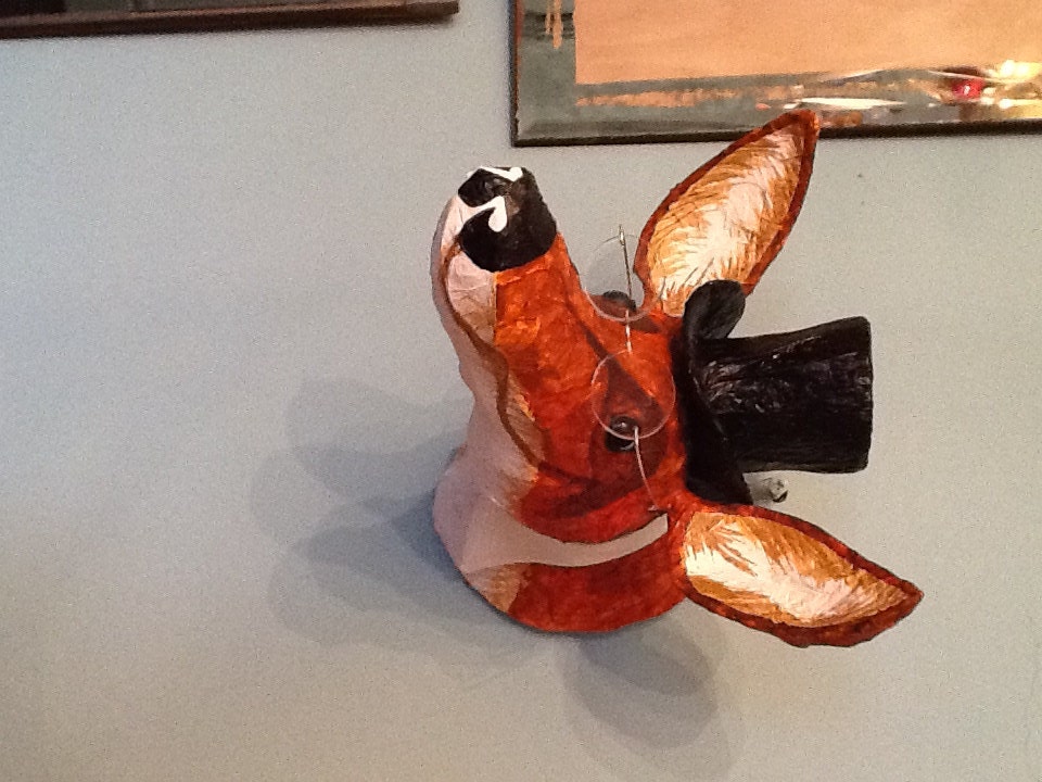 Faux taxidermy fox head in a top hat, handmade from paper and wire by Joanna Coupland.