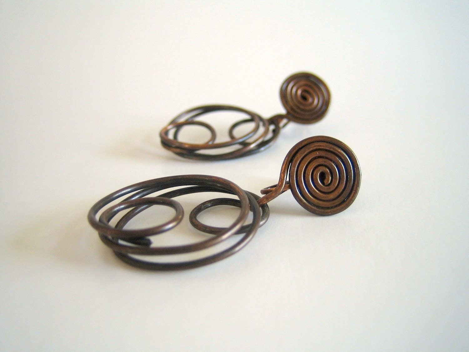 1960's Modern Artisan Spiraled Copper Wire Drop Earrings