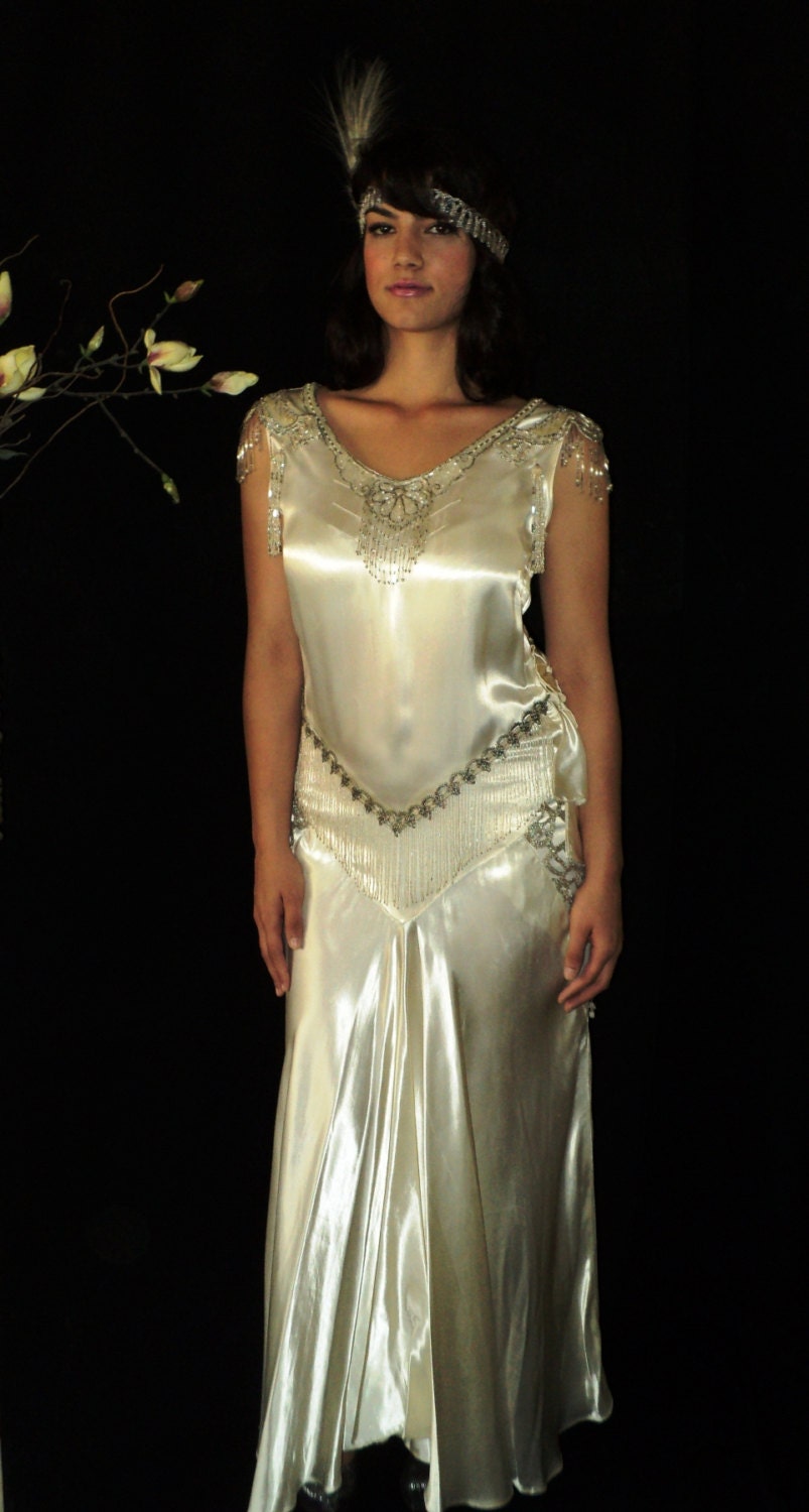 Great Gatsby 1920s Original Wedding Dress Silk Satin Bias AMAZING Gown Metallic Lace and Trim