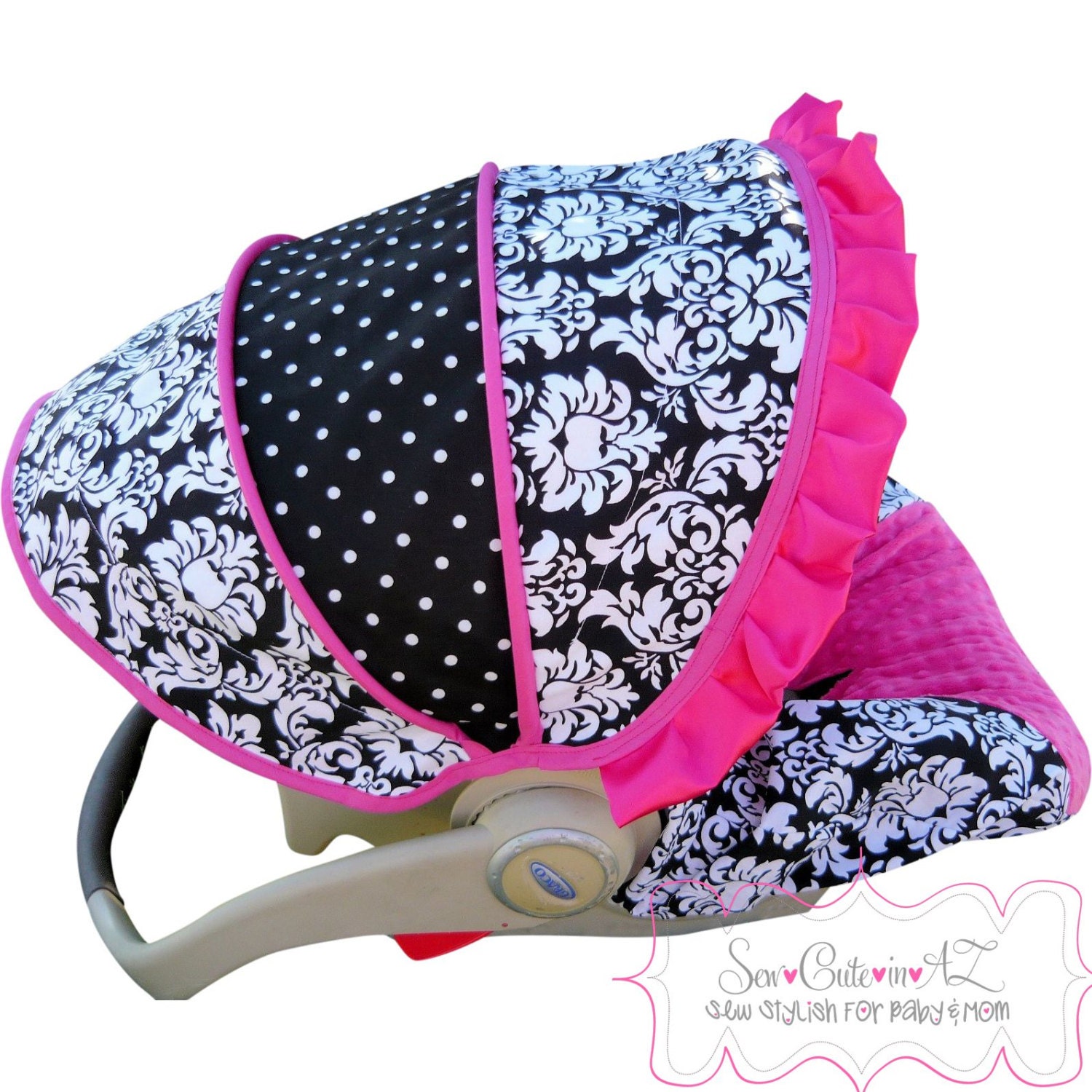 Damask with Hot Pink  Infant Car Seat Cover- Moves to toddler