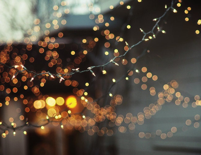 Urban Photograph - Twinkle Lights, Gold and Blue Decor, String Of Hearts, Vintage - Gold Heart 8x10