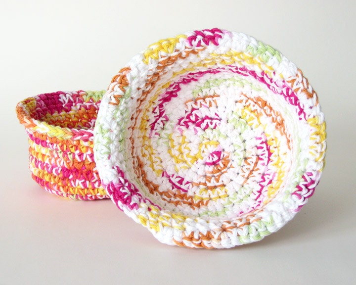 Two Crocheted Baskets, bright hot pink, white, orange, yellow, green, set of 2 storage baskets, home organization, nesting bowls