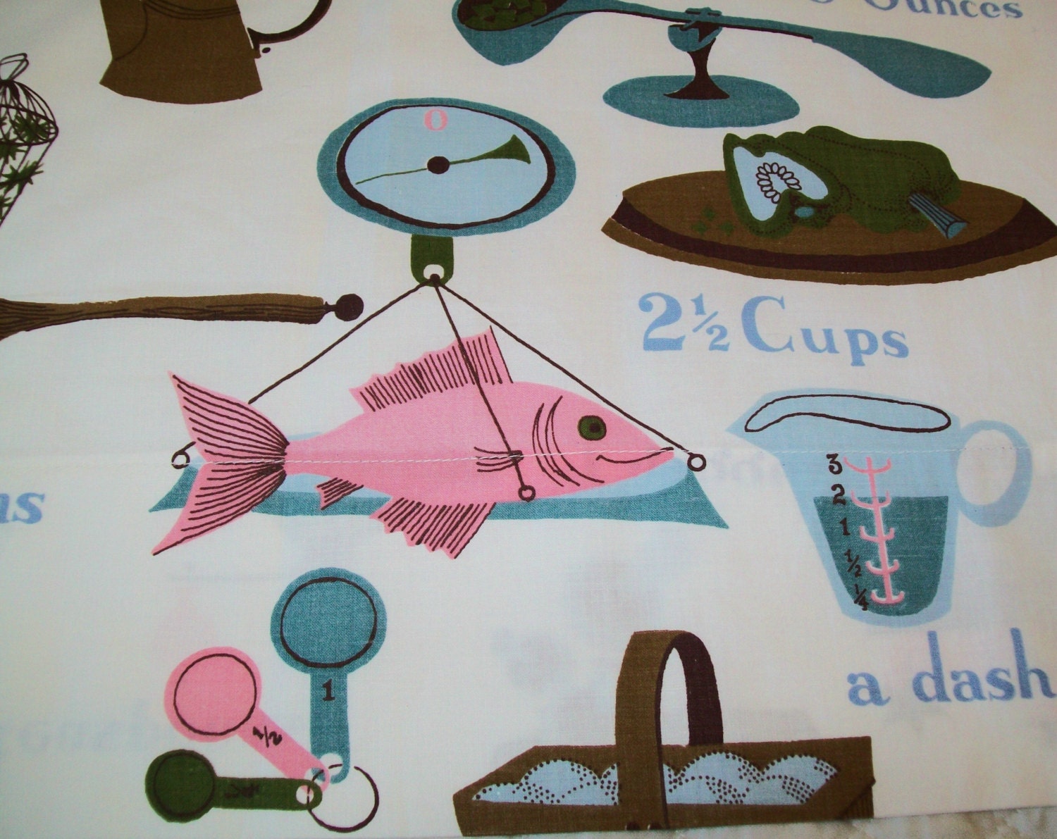 2 Midcentury Kitchen Curtains, valance, midcentury, pink, blue, fish, one pair, fabric, curtain, curtains, 1960s, vintage