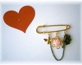 RESERVED Kilt Pin Brooch, Birdhouse in Your Soul : V2, Pink Rose, Bird ,Birdhouse,Honeybee ,Scarf Pin,OOAK, made with love by maddabling