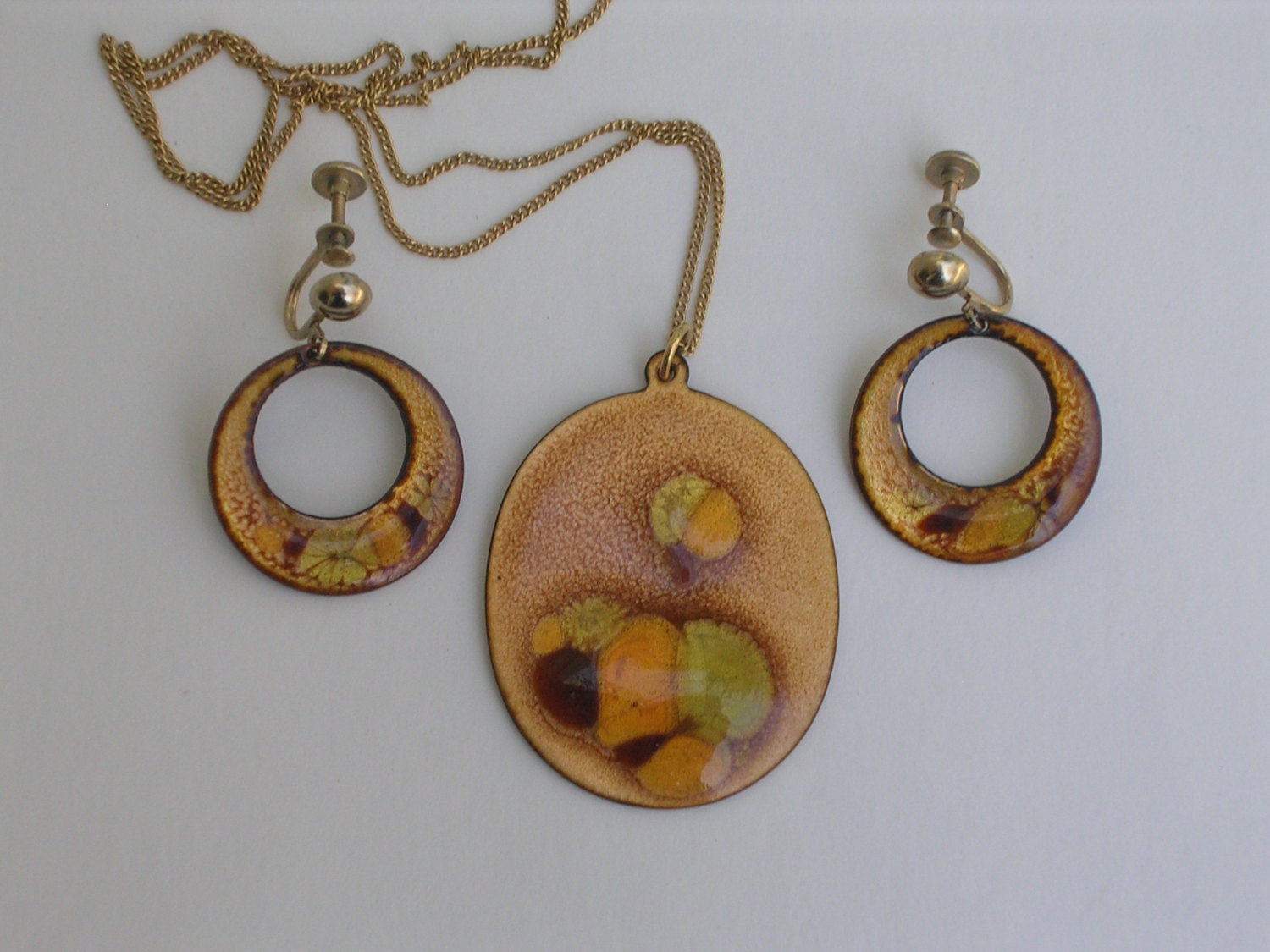 Vintage Copper Enamel Necklace and Screwback Earrings Set