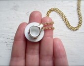 TeaCup Necklace - Sweet Dollhouse Decor Handmade Jewelry - Miniature Mini Tiny Small Bitty - Pink Floral Design Tea Cup & Saucer